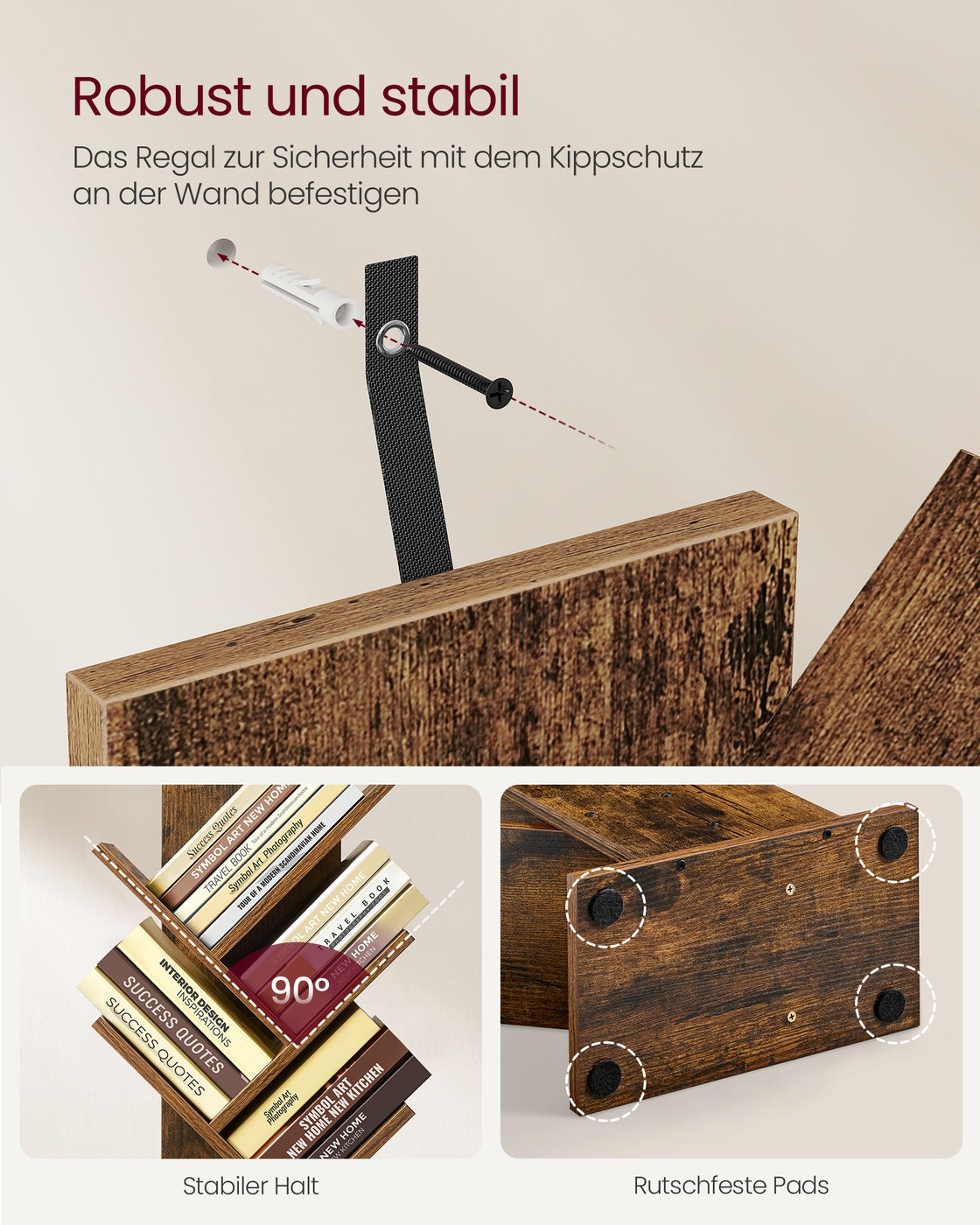 Custos Kollektion - Bücherregal in Baumform 20 x 38 x 115,2 cm für platzsparende Aufbewahrung vintagebraun