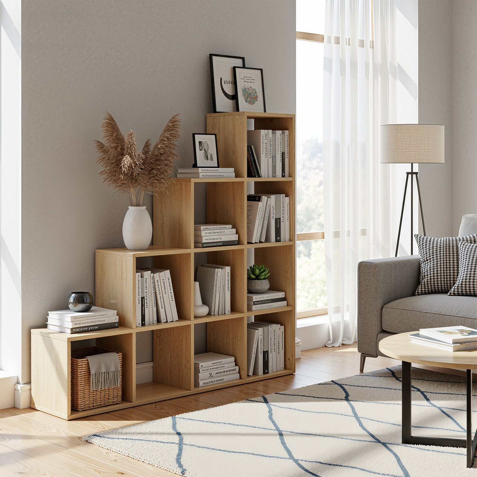 Bücherregal mit 10 Fächern, Stufenregal, Wohnzimmer