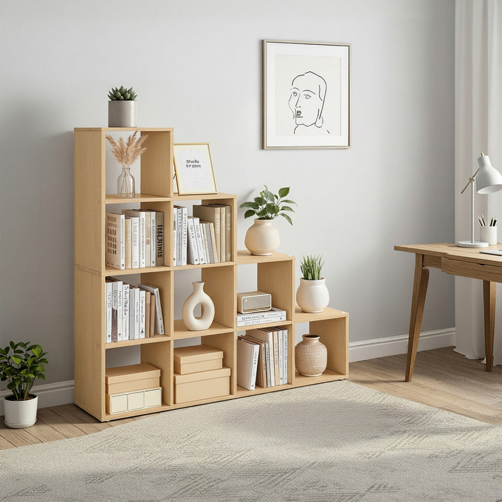 Bücherregal mit 10 Fächern, Stufenregal, Wohnzimmer