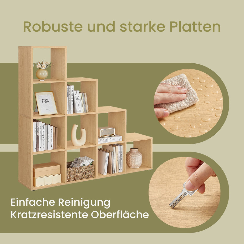 Bücherregal mit 10 Fächern, Stufenregal, Wohnzimmer