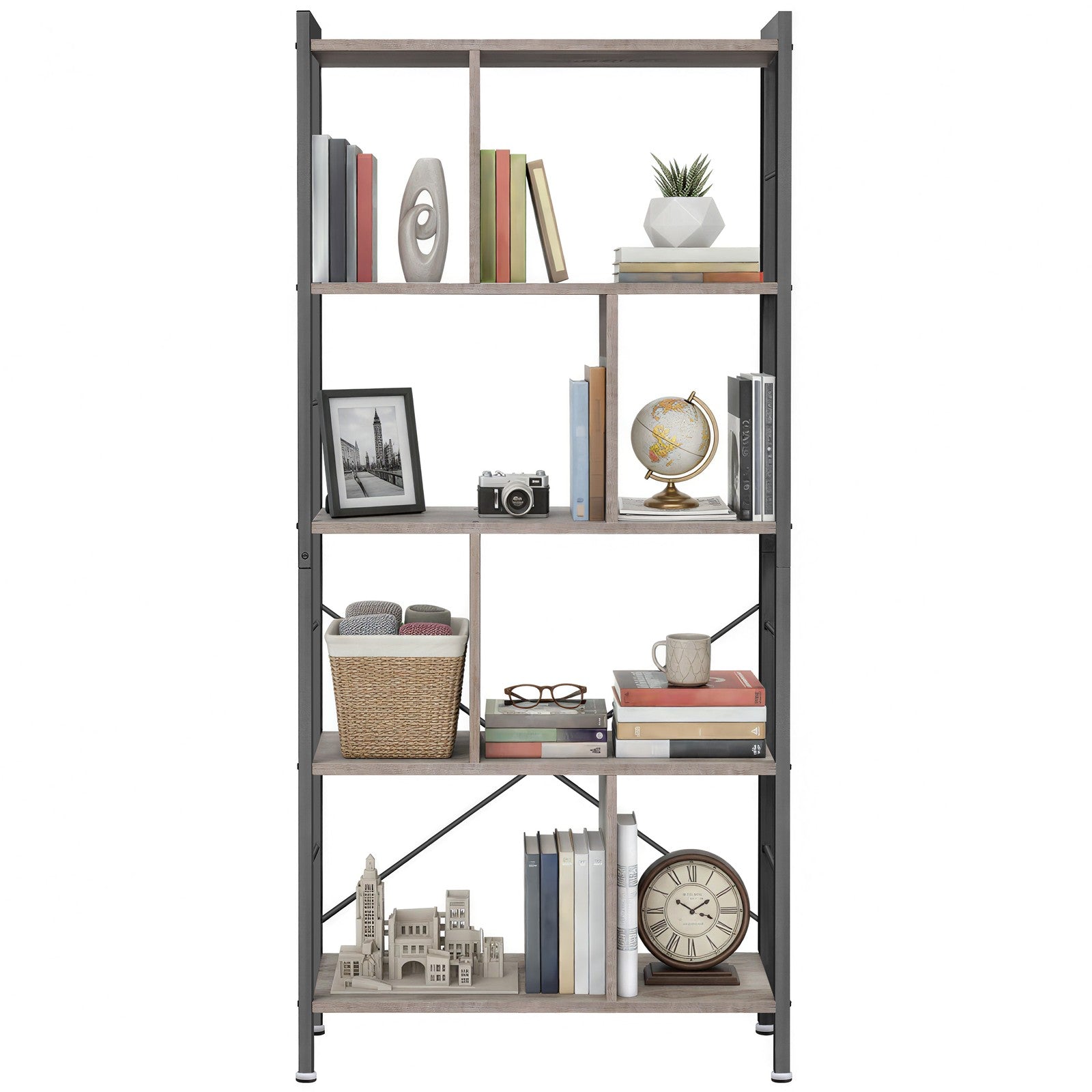 Offenes Bücherregal mit 5 Ebenen für Büro, Großes Regal, beige-schwarz