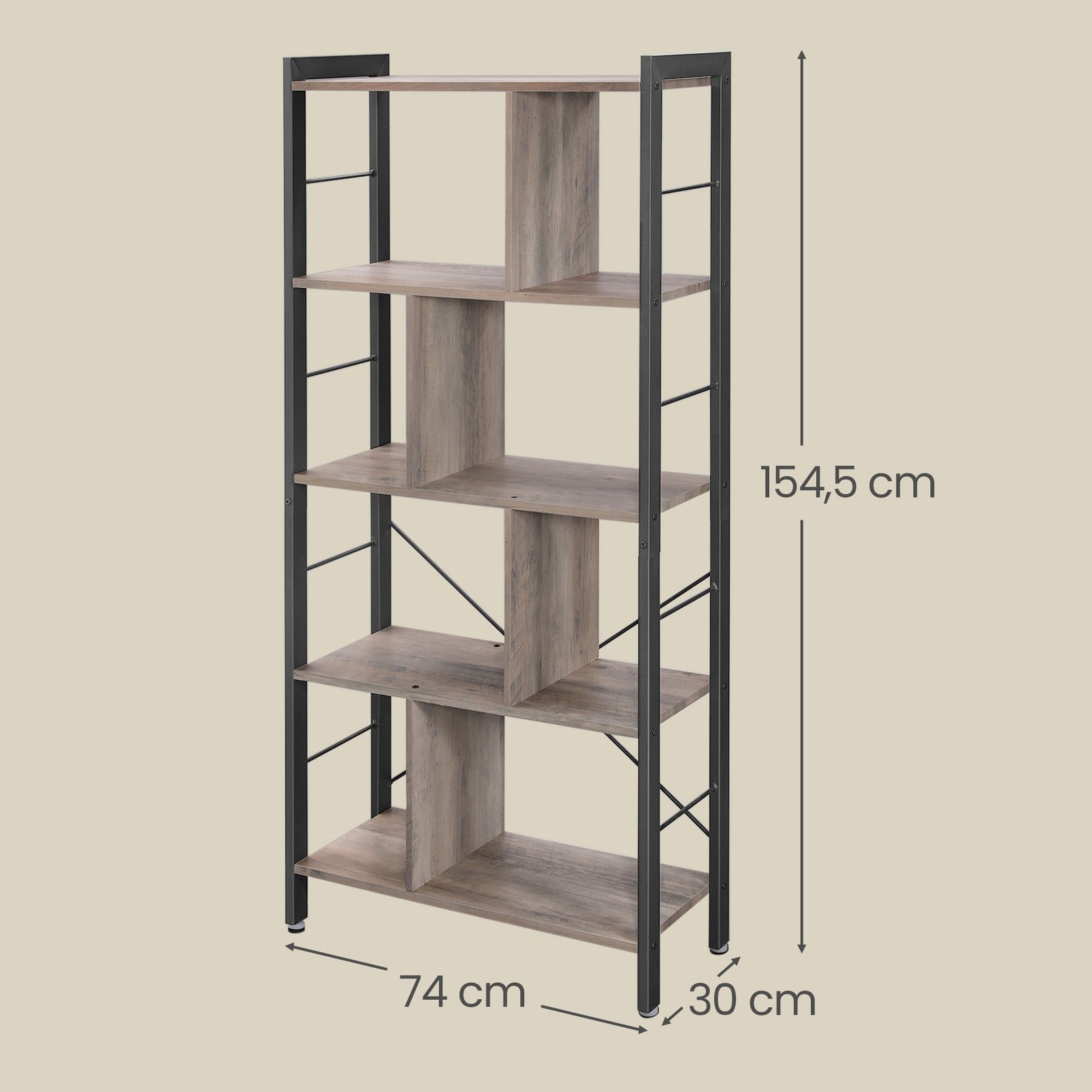 Offenes Bücherregal mit 5 Ebenen für Büro, Großes Regal, beige-schwarz