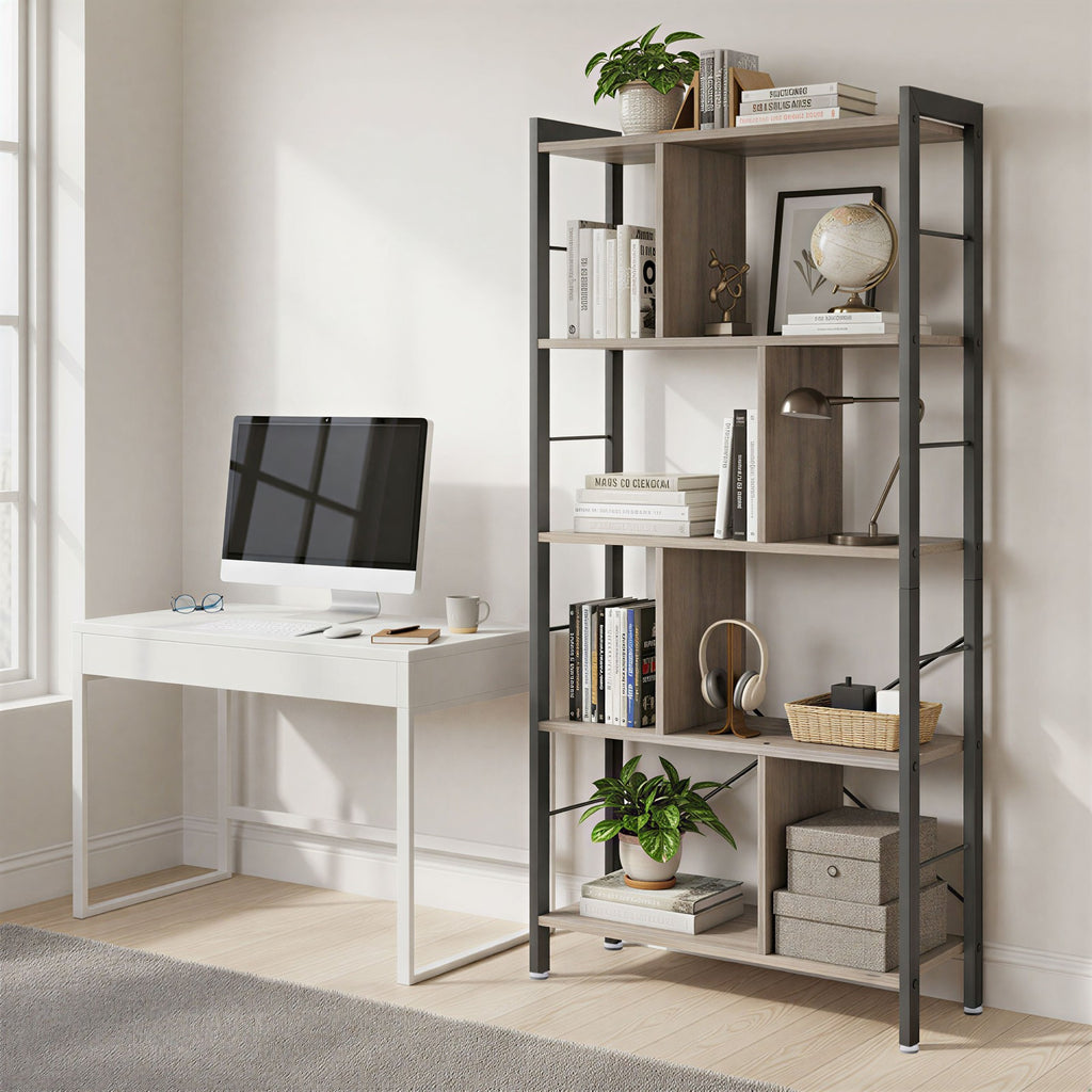 Offenes Bücherregal mit 5 Ebenen für Büro, Großes Regal, beige-schwarz