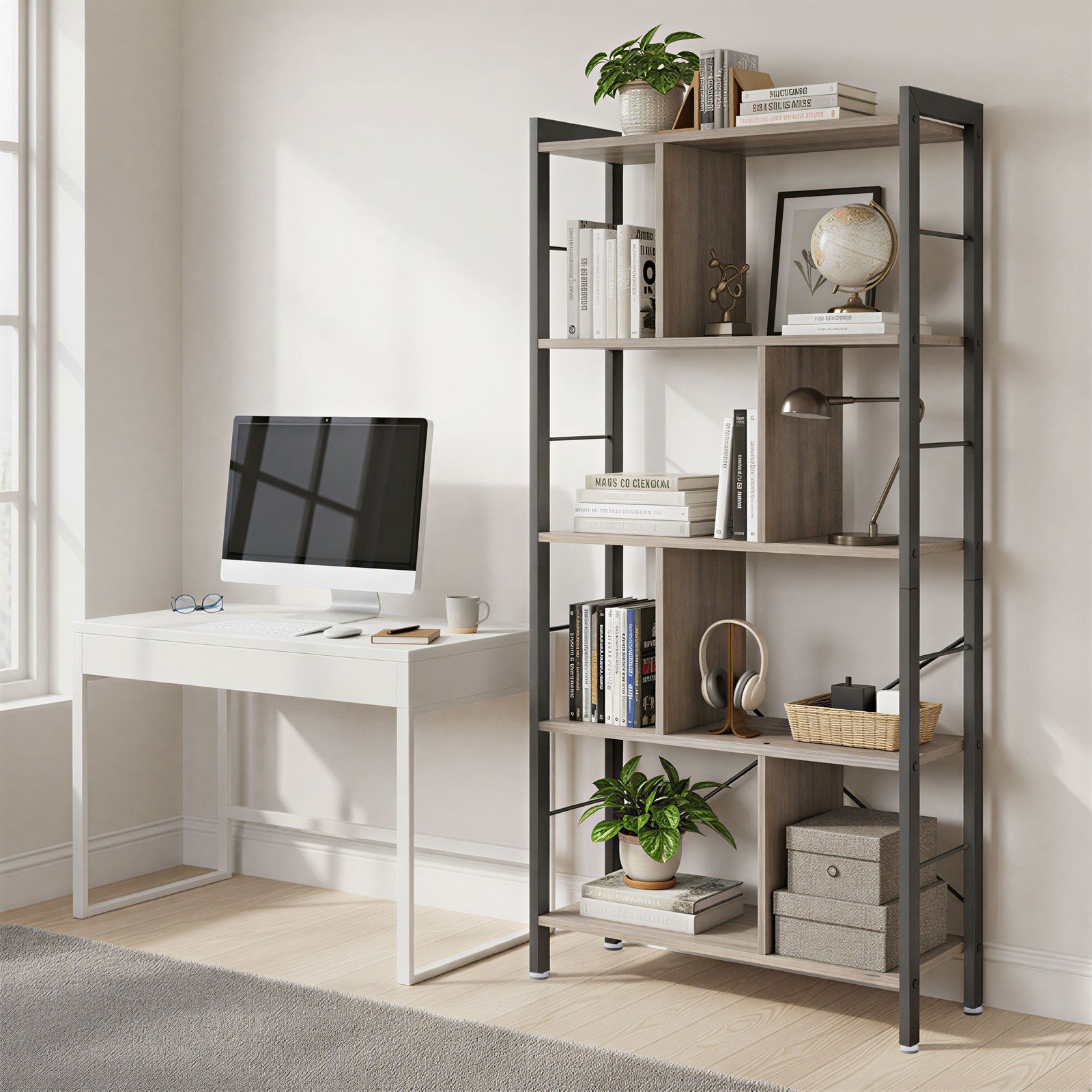 Offenes Bücherregal mit 5 Ebenen für Büro, Großes Regal, beige-schwarz