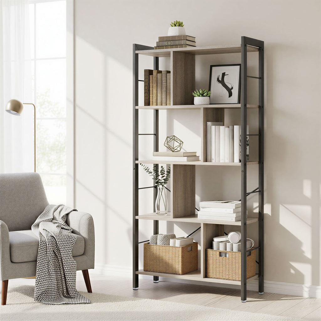 Offenes Bücherregal mit 5 Ebenen für Büro, Großes Regal, beige-schwarz