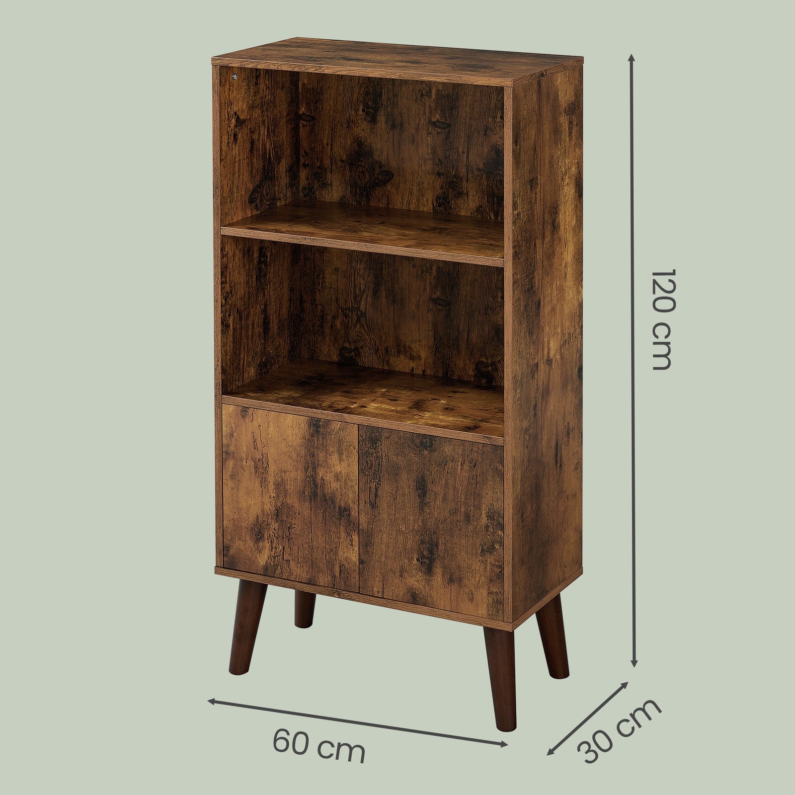 3-stöckiges Regal mit Türen, Mid-Century-Design, für Wohnzimmer und Homeoffice