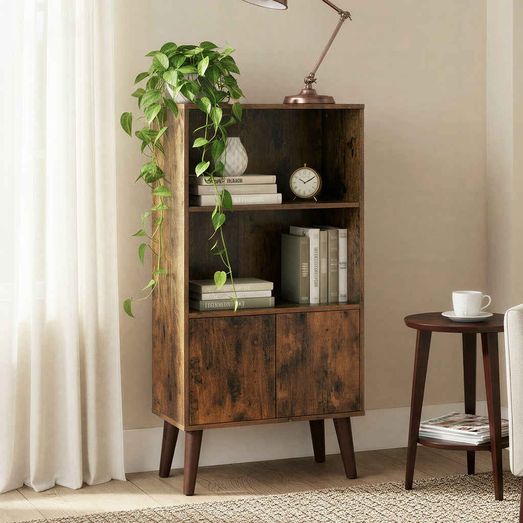 3-stöckiges Regal mit Türen, Mid-Century-Design, für Wohnzimmer und Homeoffice