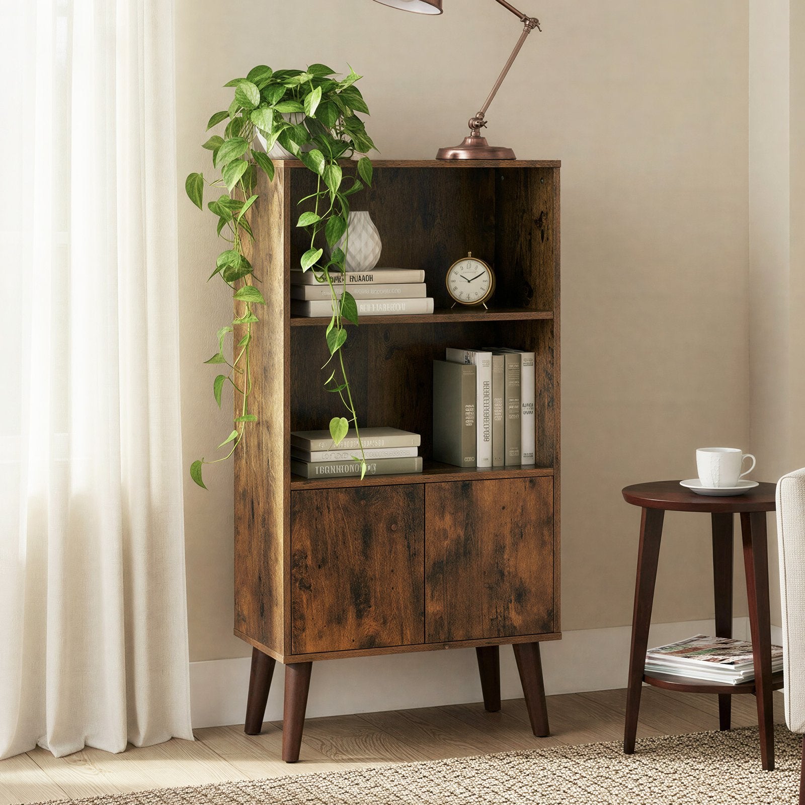 3-stöckiges Regal mit Türen, Mid-Century-Design, für Wohnzimmer und Homeoffice