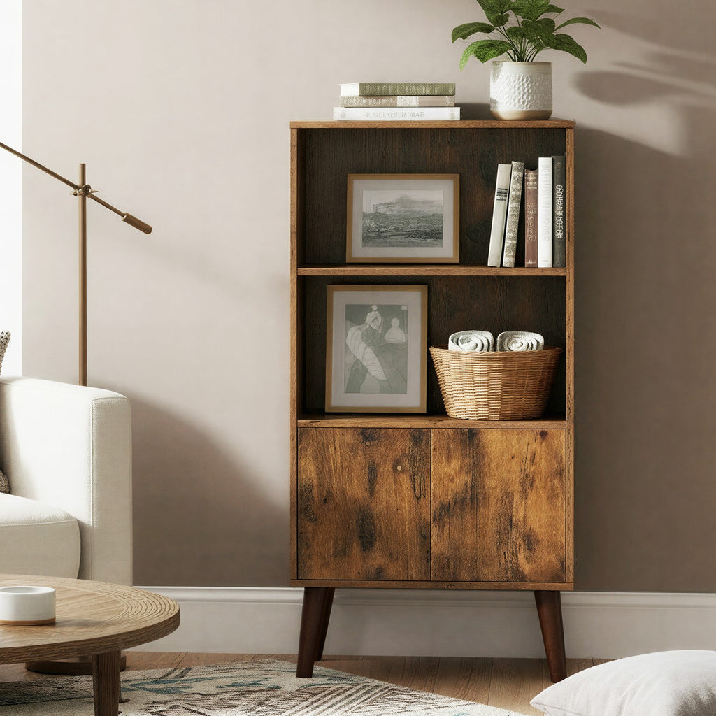 3-stöckiges Regal mit Türen, Mid-Century-Design, für Wohnzimmer und Homeoffice