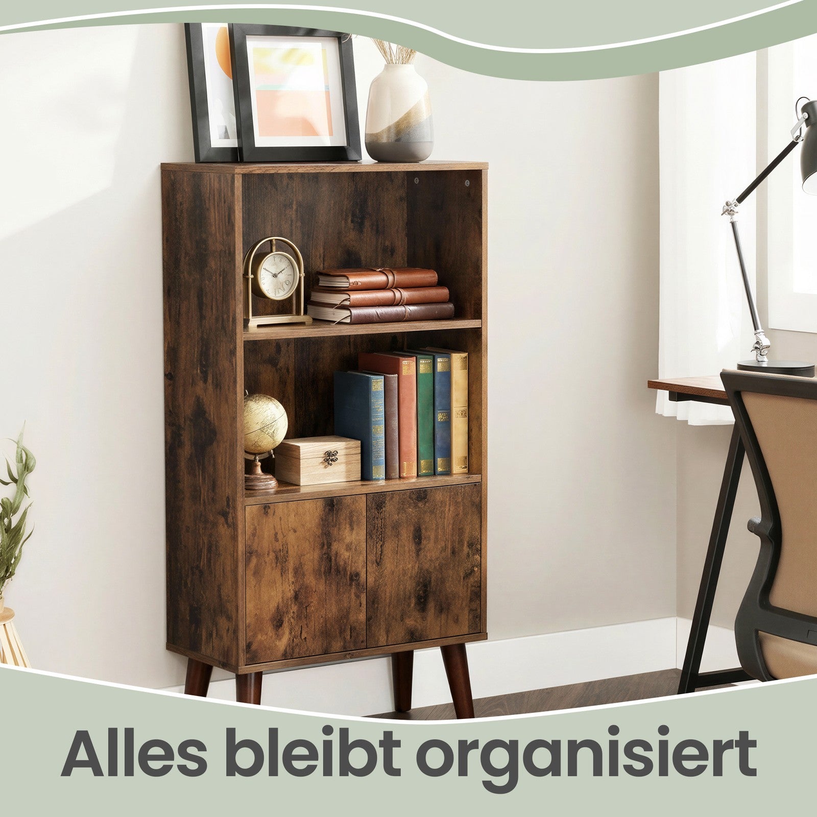 3-stöckiges Regal mit Türen, Mid-Century-Design, für Wohnzimmer und Homeoffice