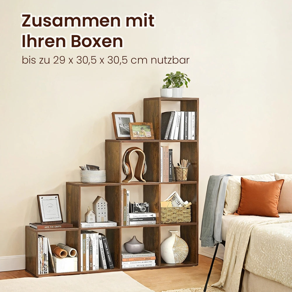 Bücherregal mit 10 Fächern, Stufenregal, Ordnungssystem für Deko