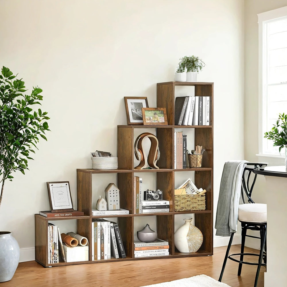 Bücherregal mit 10 Fächern, Stufenregal, Ordnungssystem für Deko