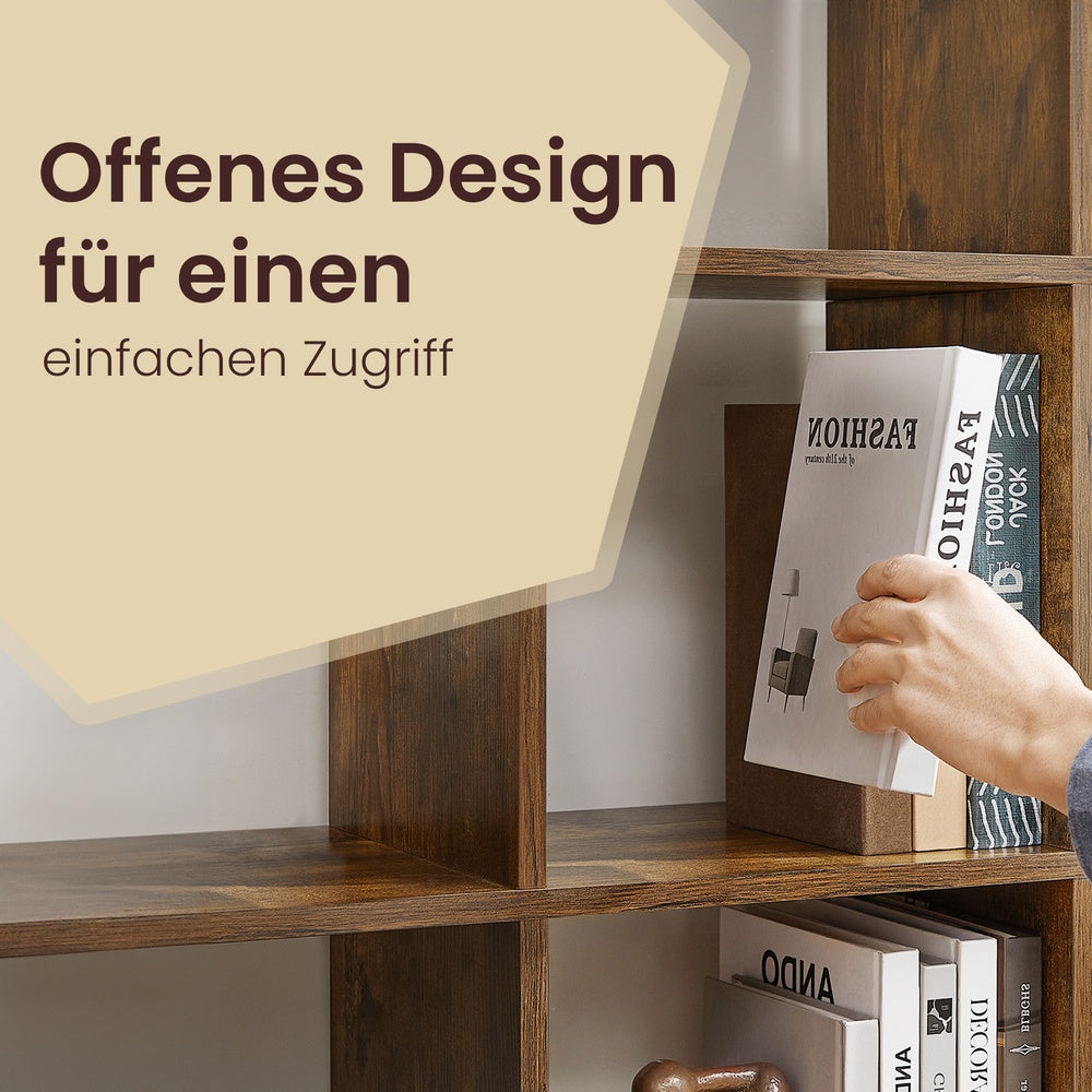 Bücherregal mit 10 Fächern, Stufenregal, Ordnungssystem für Deko