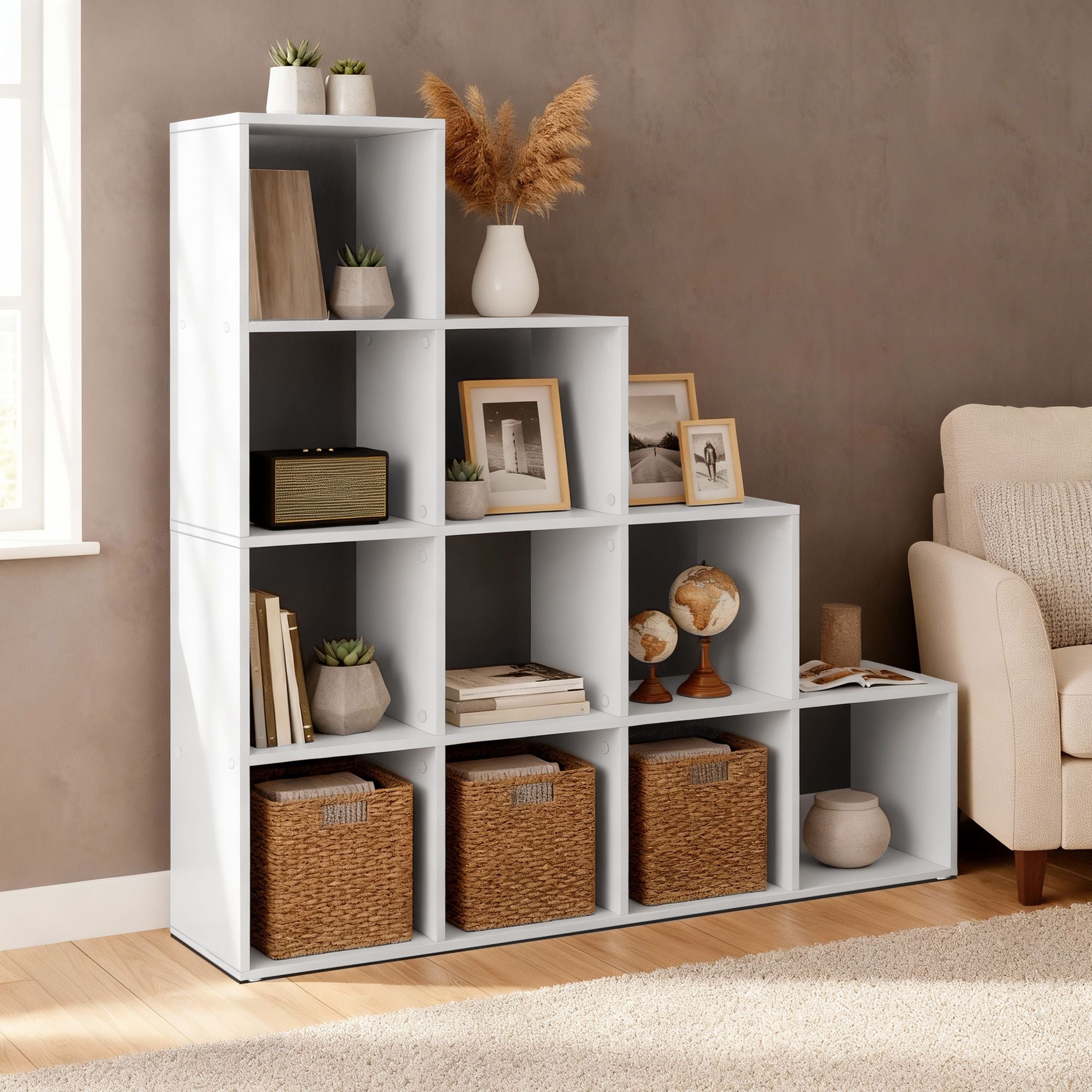 Bücherregal mit 10 Fächern, Regal offen, Stufenregal