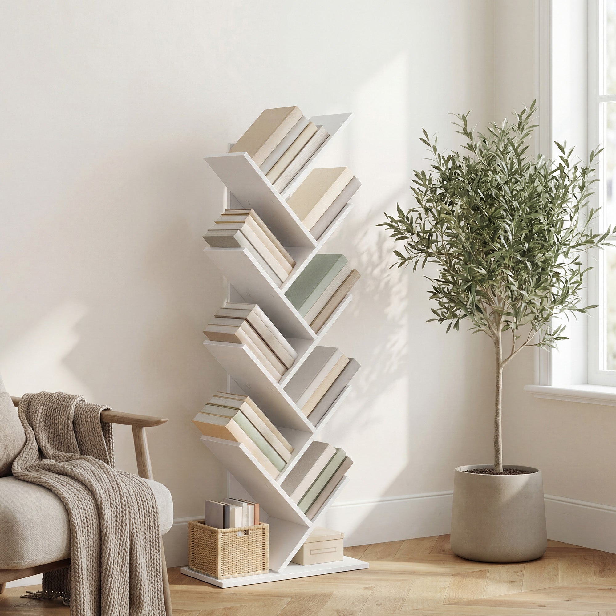 Bücherregal 9 Ebenen, Standregal Baumform, Eckregal platzsparend