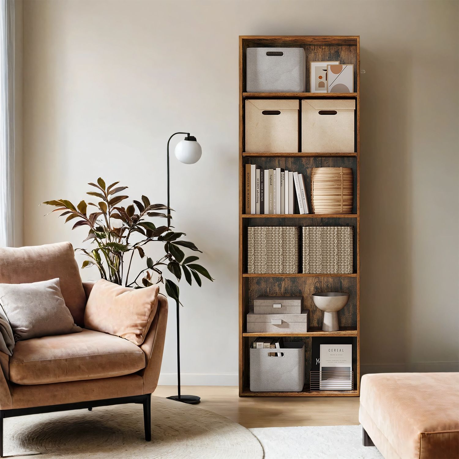 6 stufiges Bücherregal, Standregal im skandinavischen Stil, für Wohnzimmer