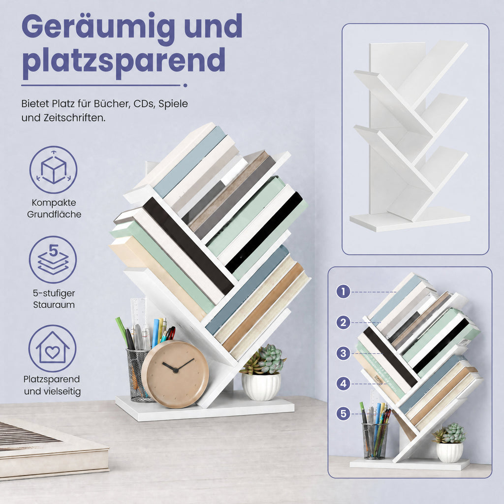 Bücherregal 5 Ebenen, Standregal Baumform, Eckregal platzsparend