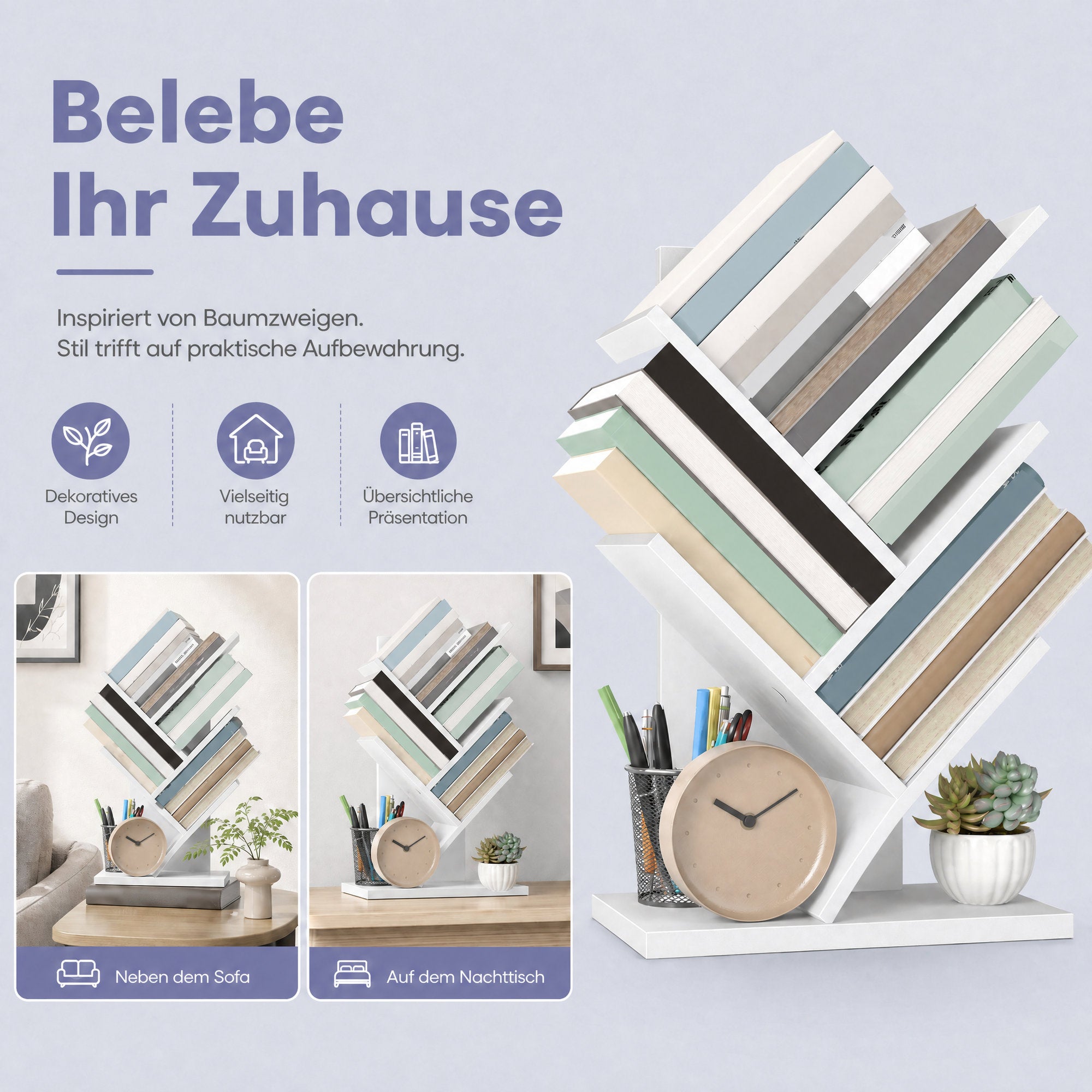 Bücherregal 5 Ebenen, Standregal Baumform, Eckregal platzsparend