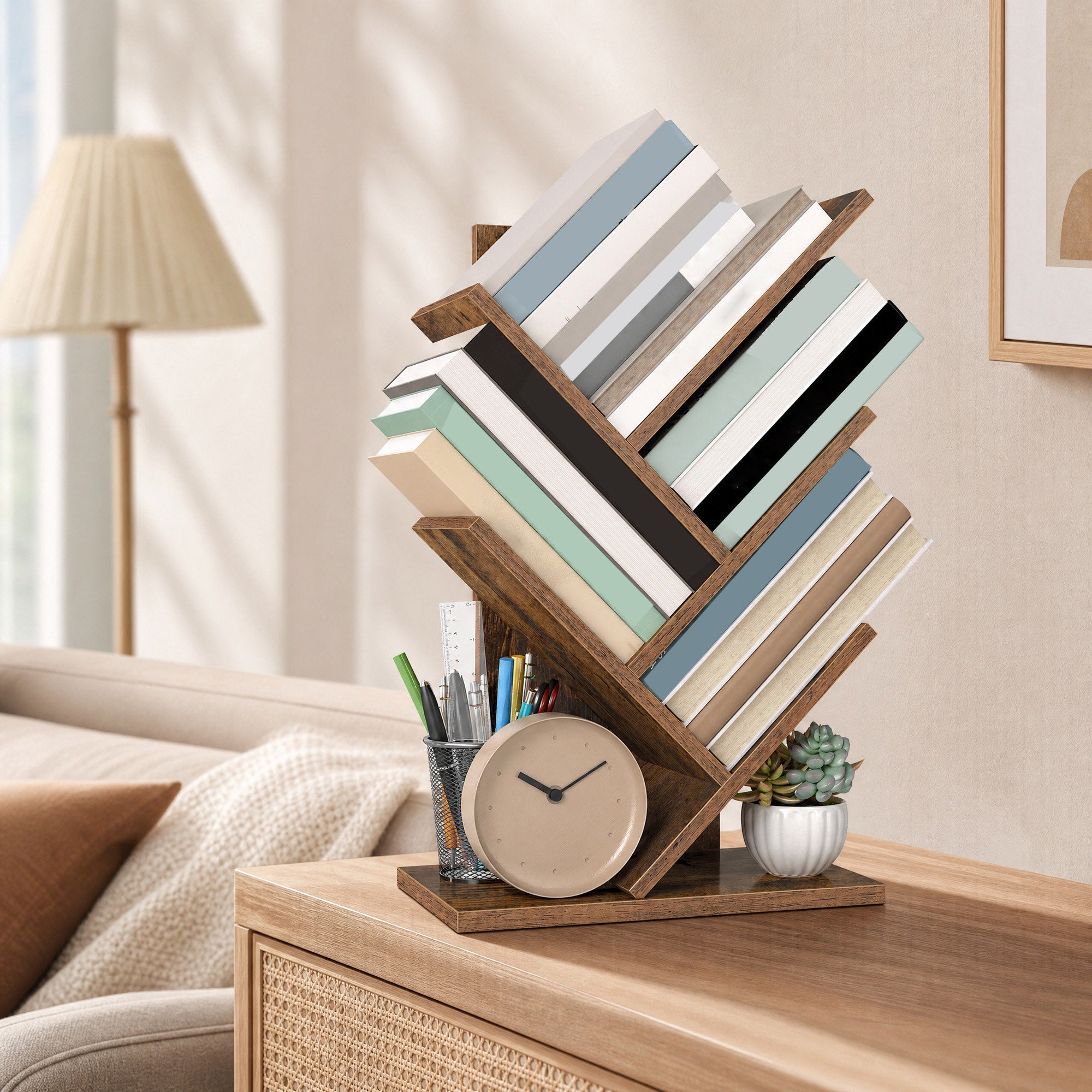 Bücherregal 5 Ebenen, Standregal Baumform, Eckregal platzsparend