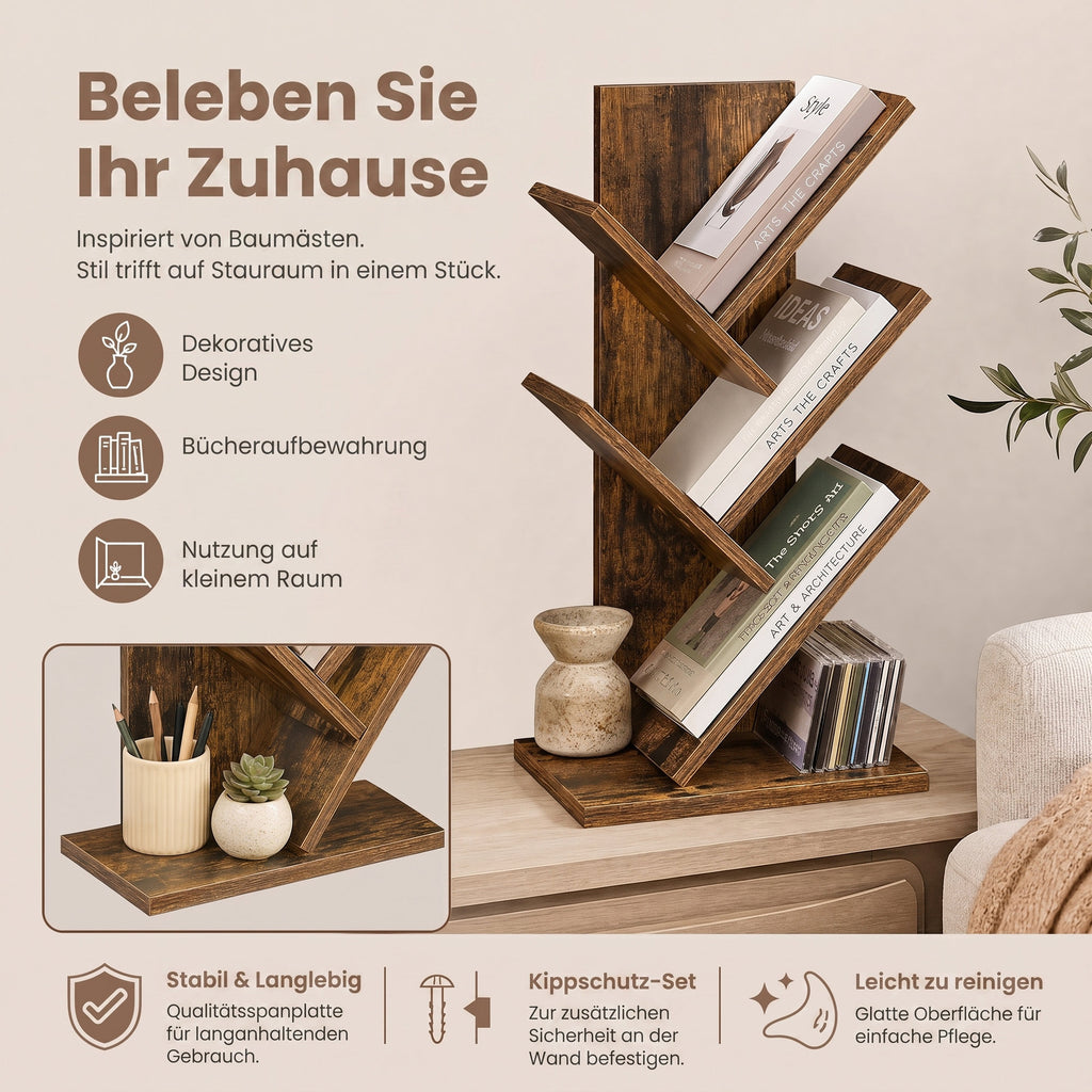 Bücherregal 5 Ebenen, Standregal Baumform, Eckregal platzsparend