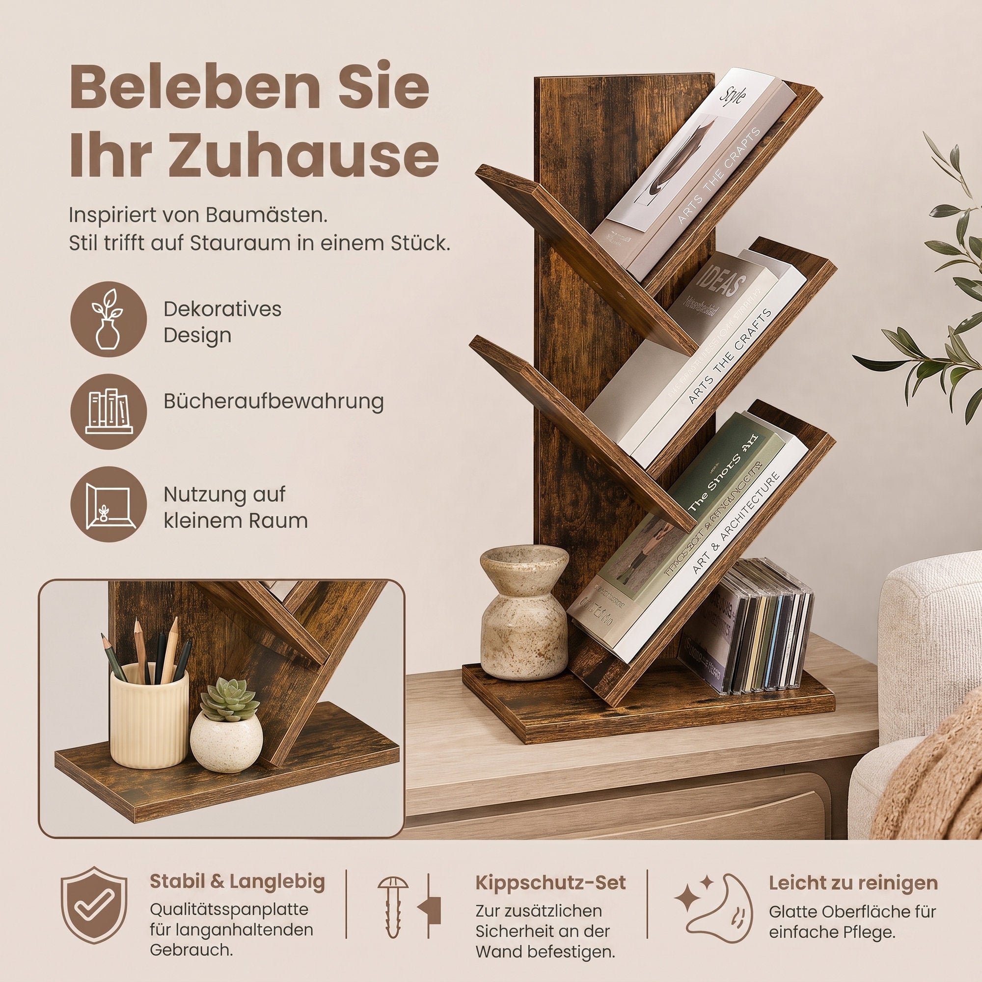 Bücherregal 5 Ebenen, Standregal Baumform, Eckregal platzsparend