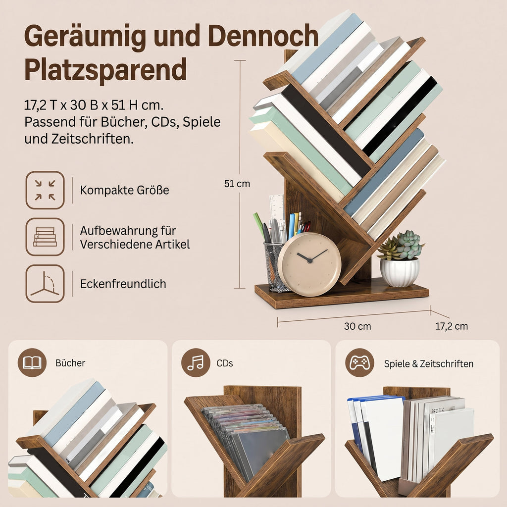 Bücherregal 5 Ebenen, Standregal Baumform, Eckregal platzsparend