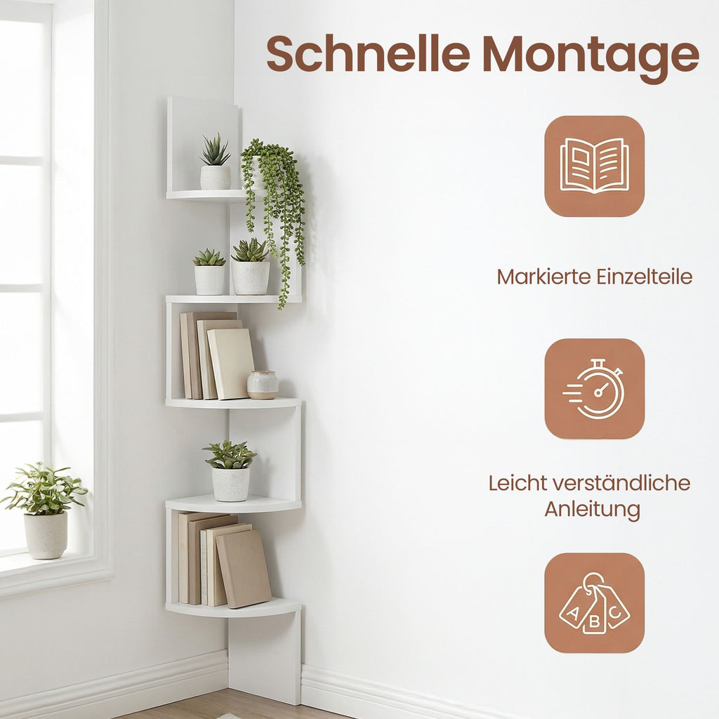 Eckregal, Wandregal 5 Ebenen, Schweberegal für Bücher