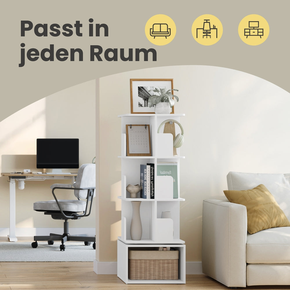 Bücherregal mit 4 Ebenen, drehbares Standregal, mit offenen Fächern