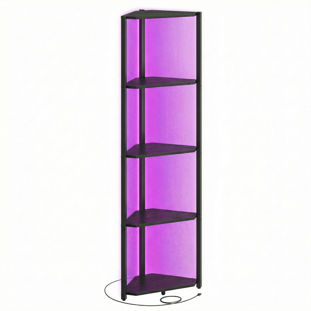 Eckregal mit 5 Ebenen, Bücherregal mit einstellbarer LED-Beleuchtung, Regal mit Stahlrahmen