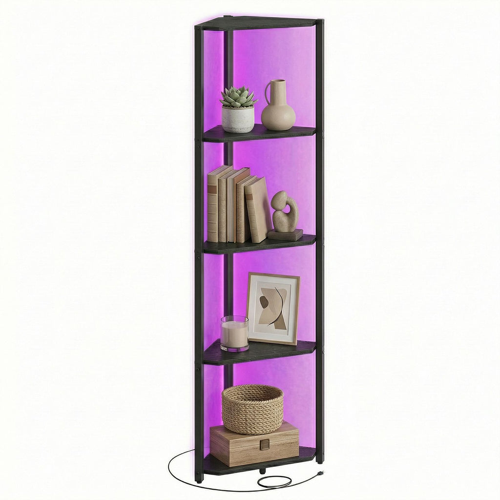 Eckregal mit 5 Ebenen, Bücherregal mit einstellbarer LED-Beleuchtung, Regal mit Stahlrahmen