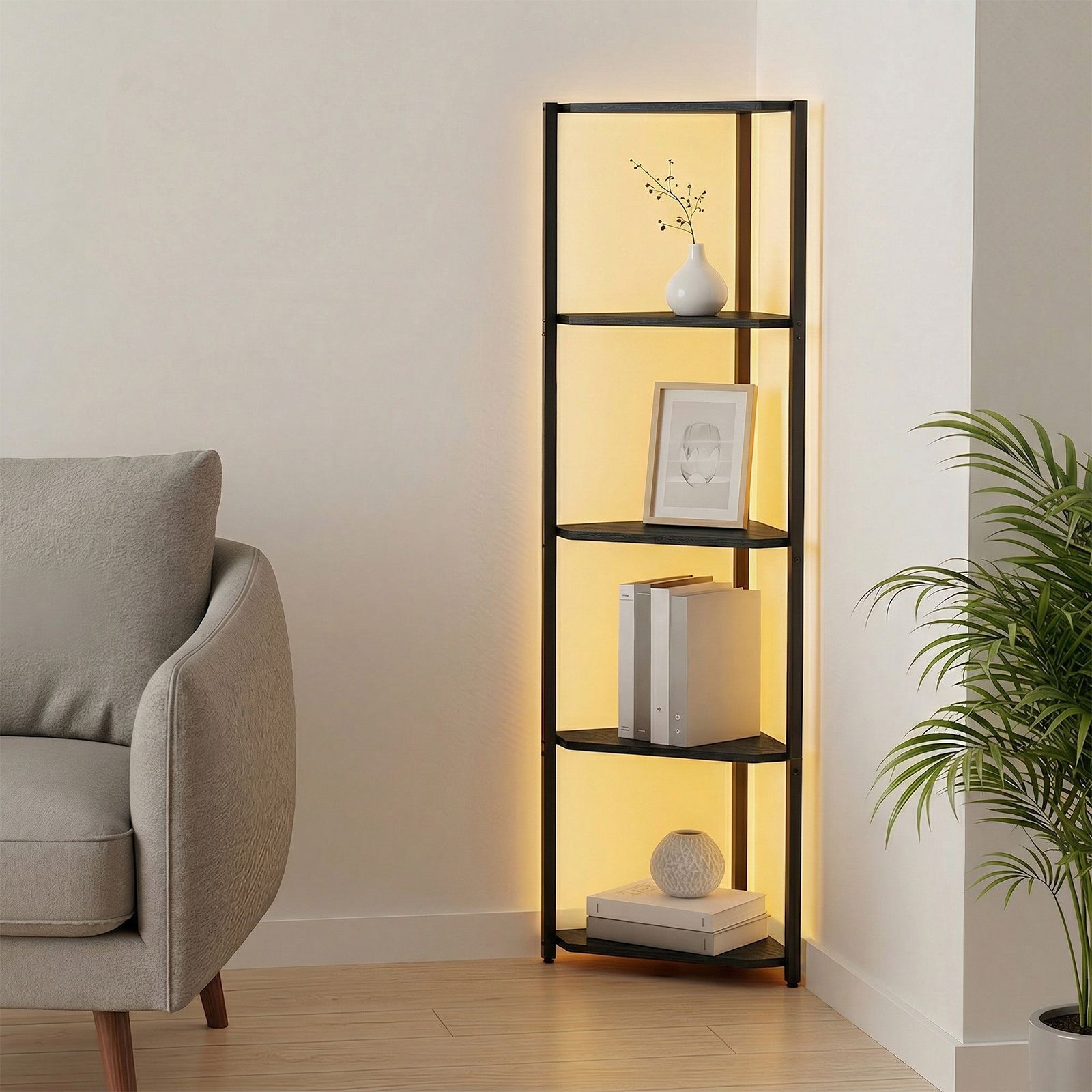 Eckregal mit 5 Ebenen, Bücherregal mit einstellbarer LED-Beleuchtung, Regal mit Stahlrahmen