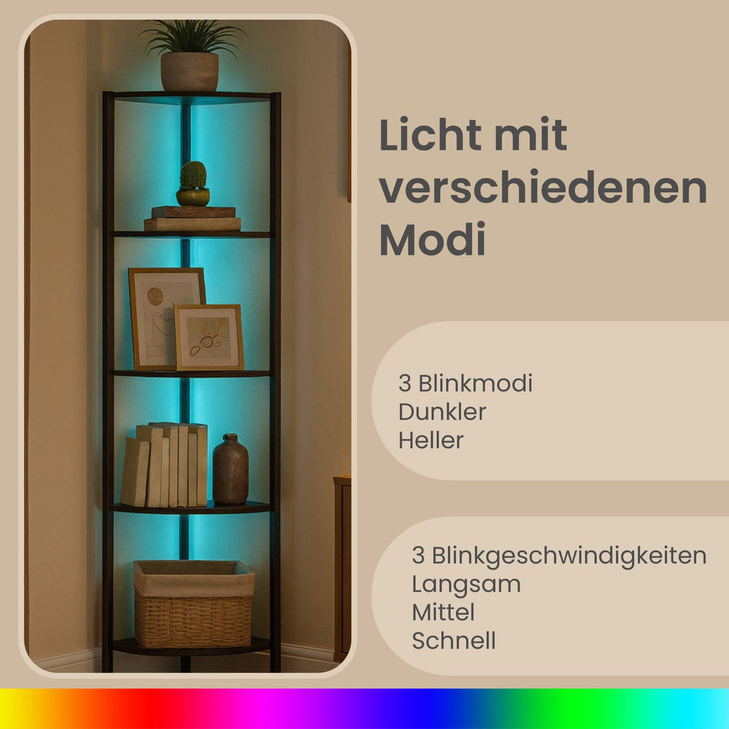 Eckregal mit 5 Ebenen, Bücherregal mit einstellbarer LED-Beleuchtung, Regal mit Stahlrahmen