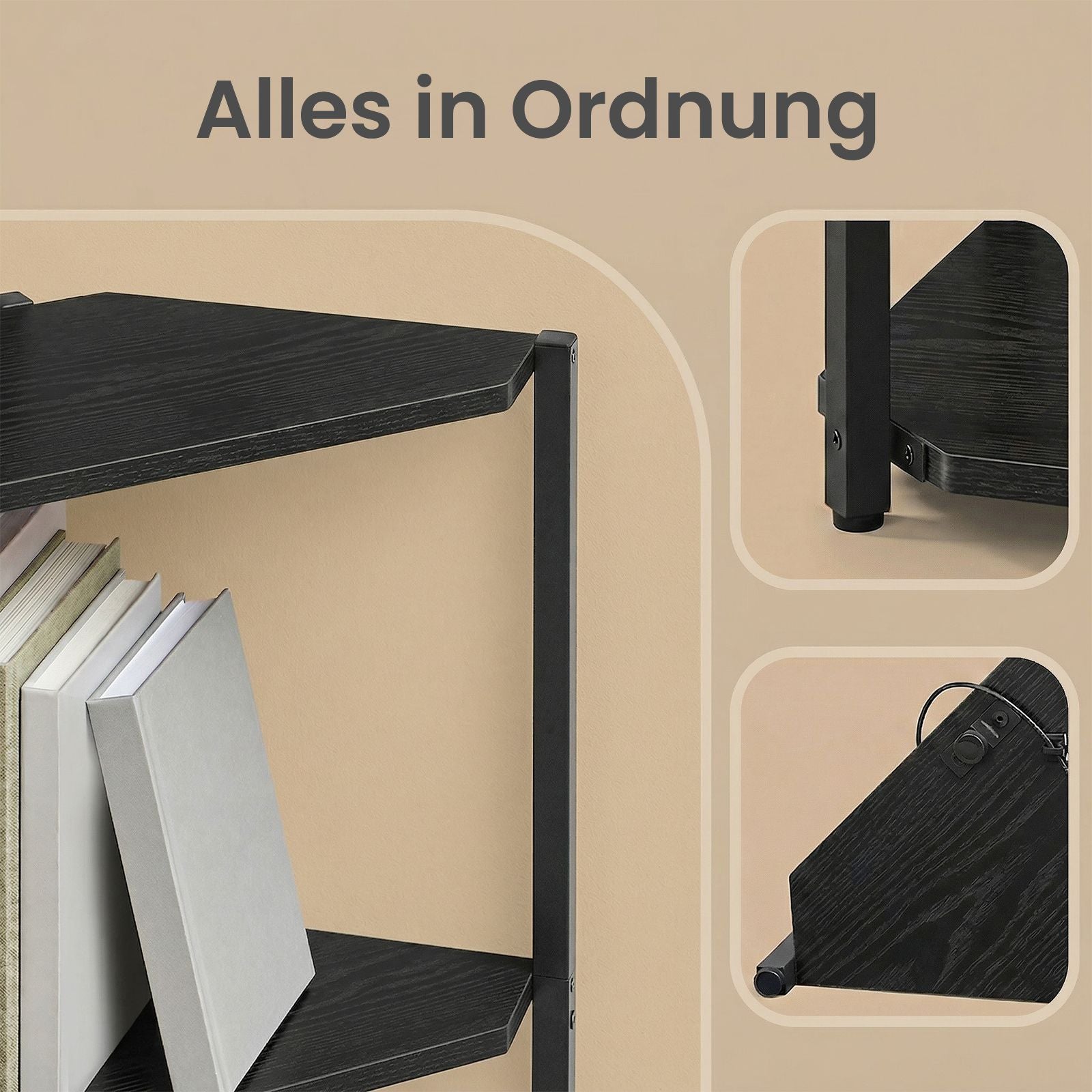Eckregal mit 5 Ebenen, Bücherregal mit einstellbarer LED-Beleuchtung, Regal mit Stahlrahmen