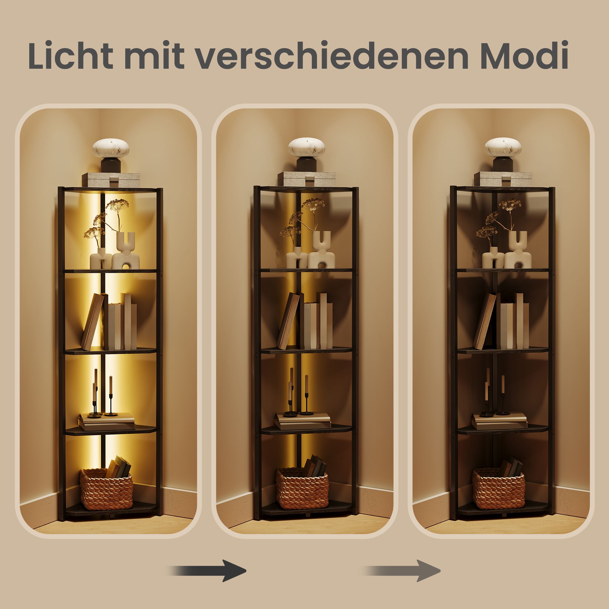 Eckregal mit 5 Ebenen, Bücherregal mit einstellbarer LED-Beleuchtung, Regal mit Stahlrahmen