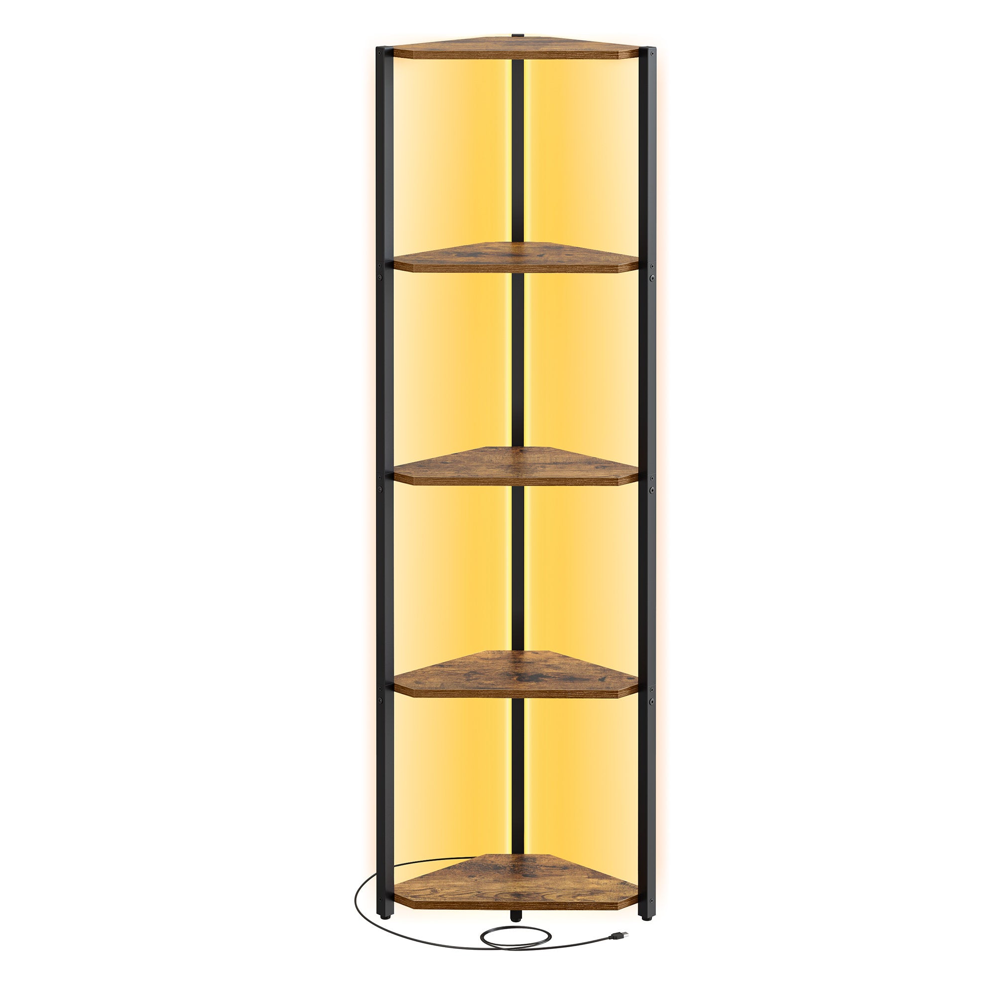 Eckregal mit 5 Ebenen, Bücherregal mit einstellbarer LED-Beleuchtung, braun