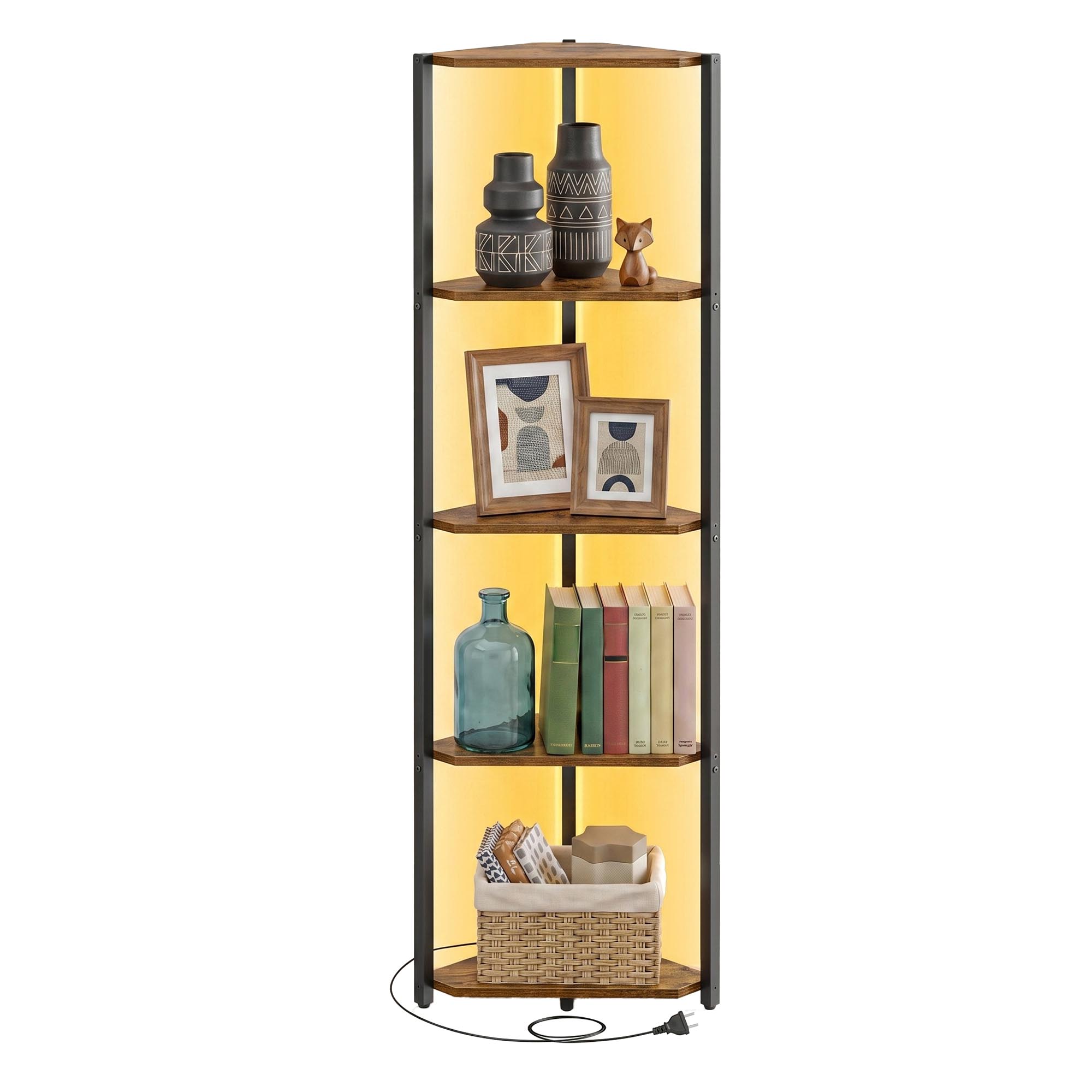 Eckregal mit 5 Ebenen, Bücherregal mit einstellbarer LED-Beleuchtung, braun