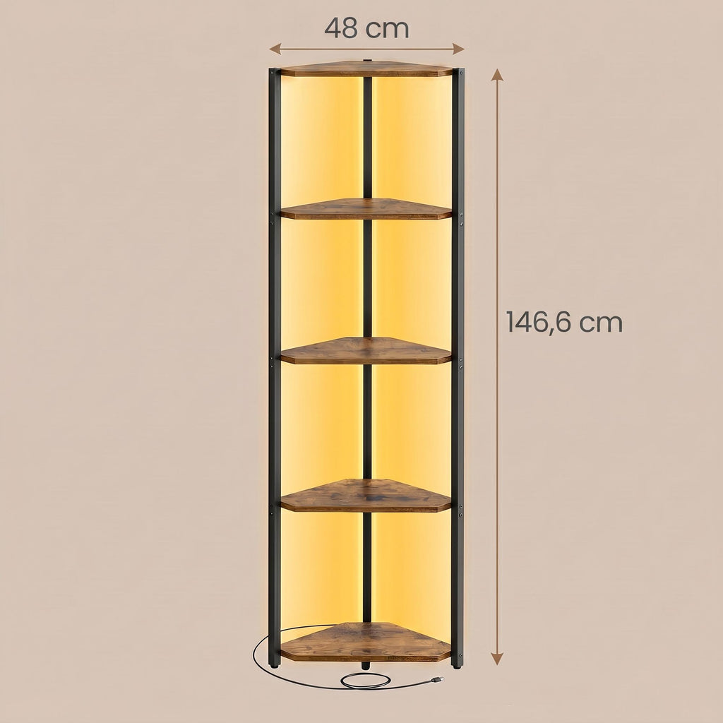 Eckregal mit 5 Ebenen, Bücherregal mit einstellbarer LED-Beleuchtung, braun