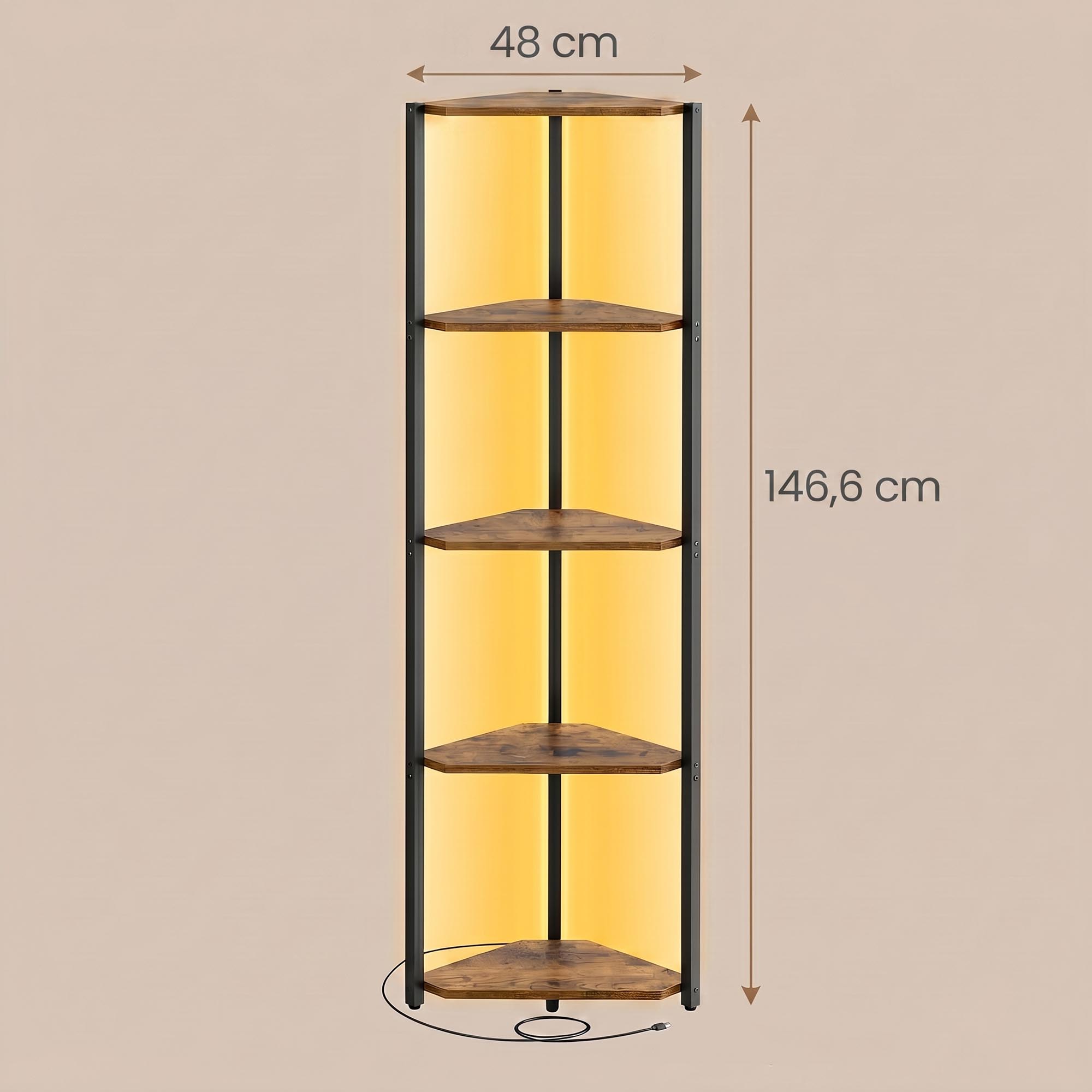 Eckregal mit 5 Ebenen, Bücherregal mit einstellbarer LED-Beleuchtung, braun