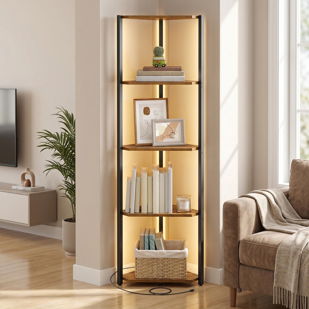 Eckregal mit 5 Ebenen, Bücherregal mit einstellbarer LED-Beleuchtung, braun