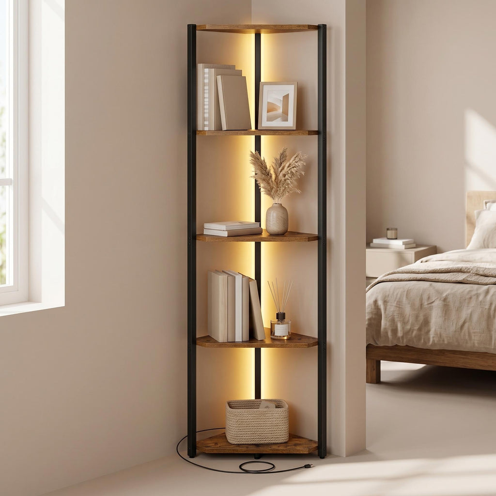 Eckregal mit 5 Ebenen, Bücherregal mit einstellbarer LED-Beleuchtung, braun