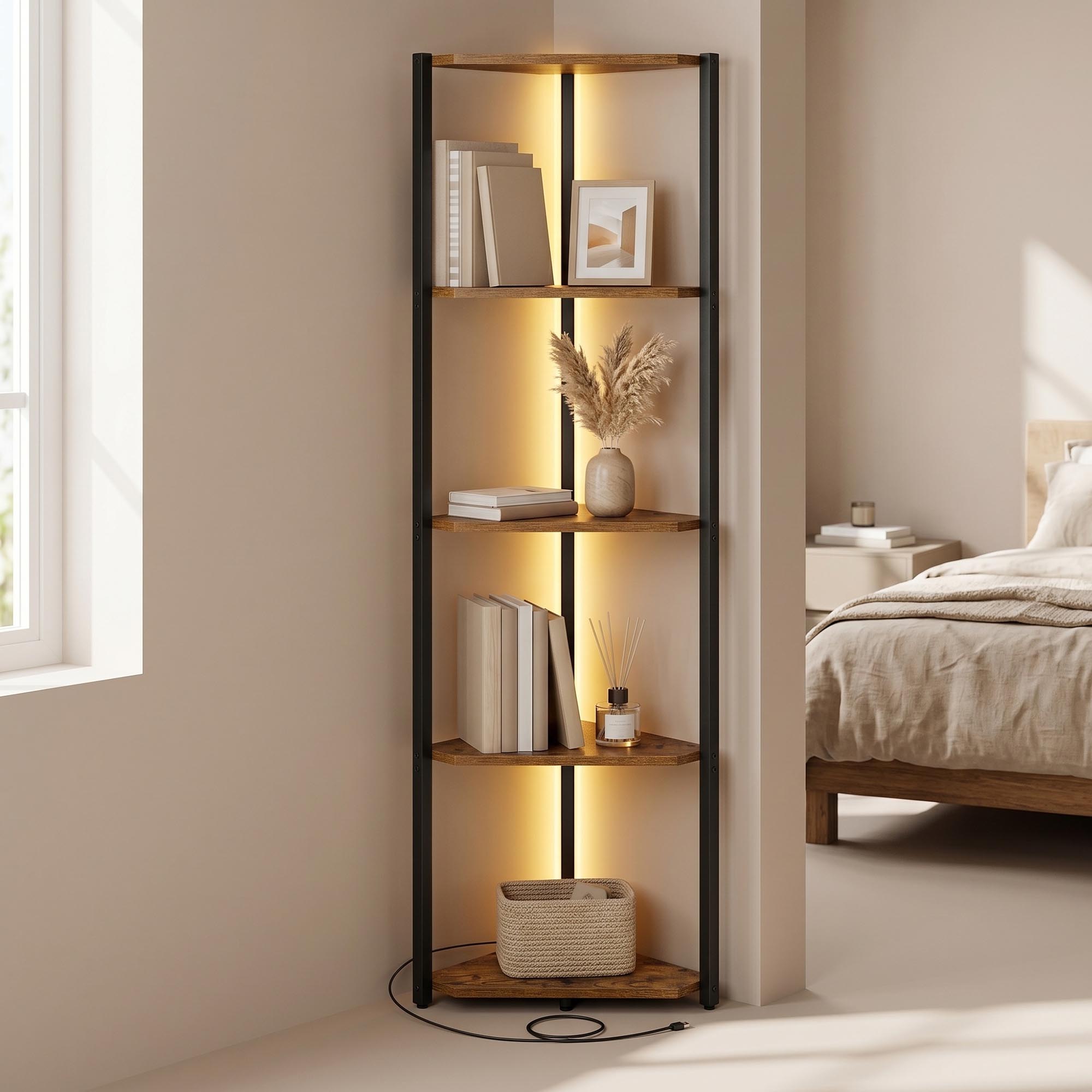 Eckregal mit 5 Ebenen, Bücherregal mit einstellbarer LED-Beleuchtung, braun