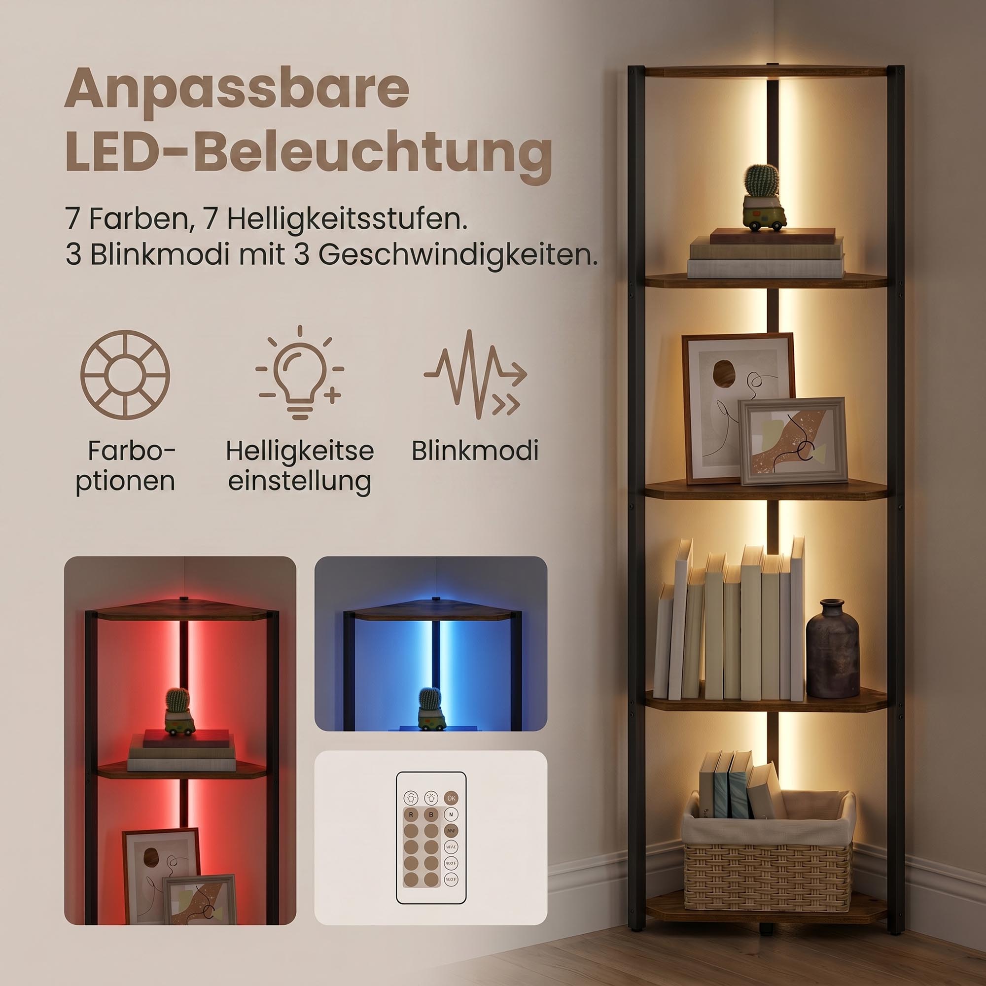 Eckregal mit 5 Ebenen, Bücherregal mit einstellbarer LED-Beleuchtung, braun