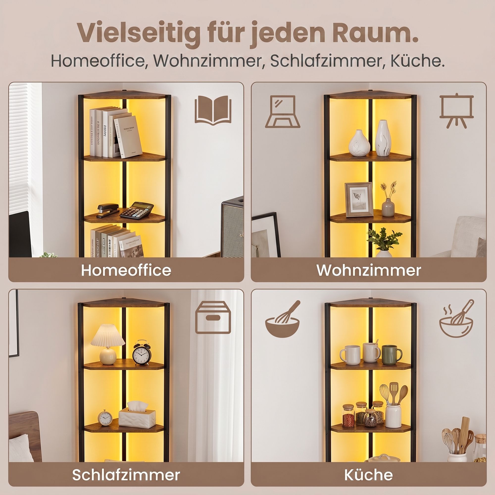 Eckregal mit 5 Ebenen, Bücherregal mit einstellbarer LED-Beleuchtung, braun
