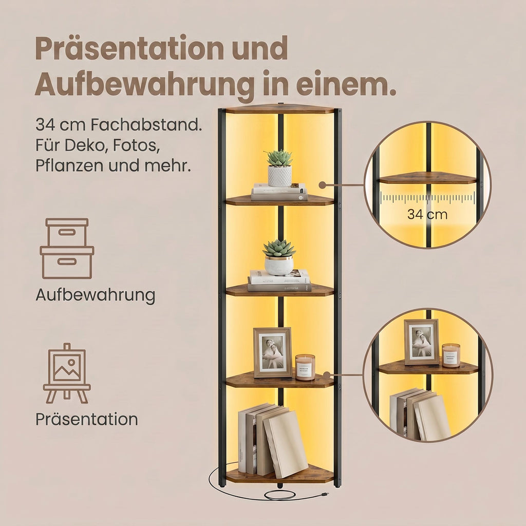 Eckregal mit 5 Ebenen, Bücherregal mit einstellbarer LED-Beleuchtung, braun