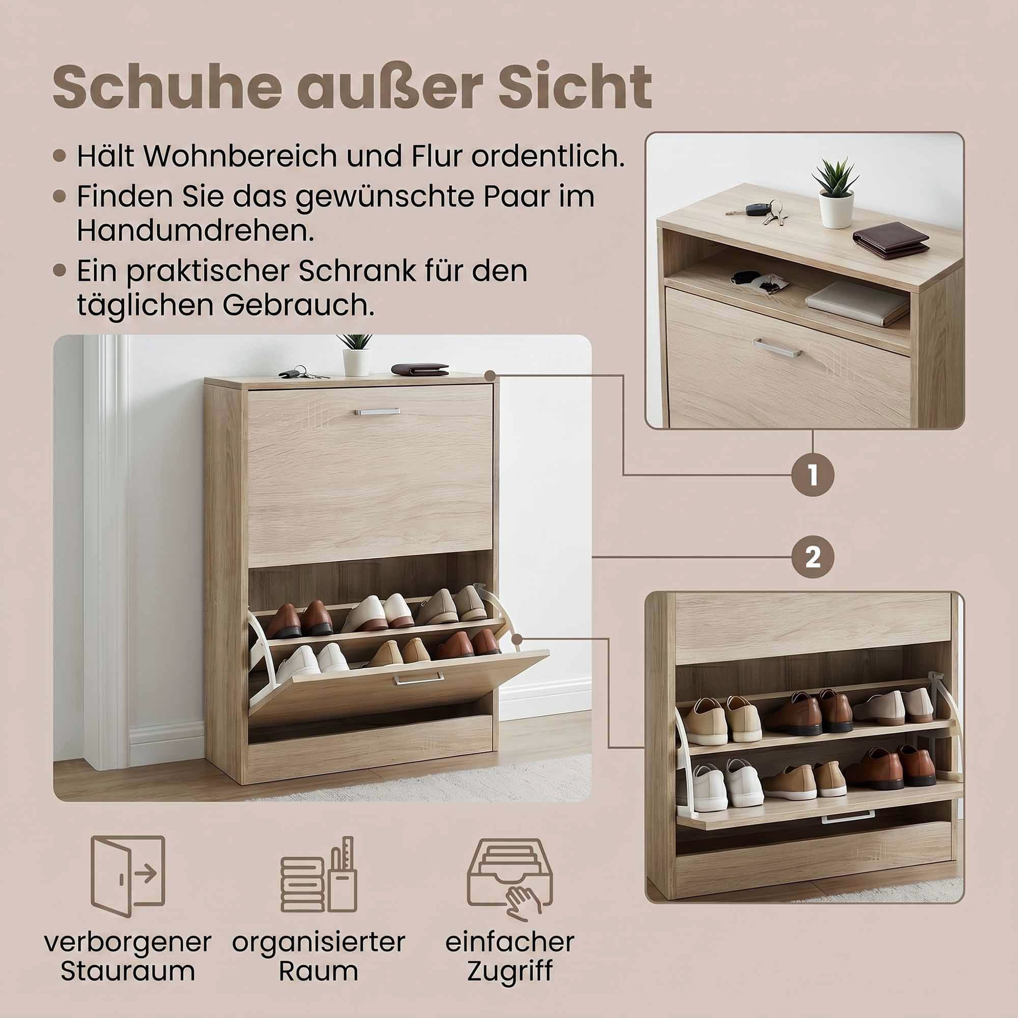 Schuhschrank, Schuhkipper mit 2 Klappen, verstellbare Trennwände