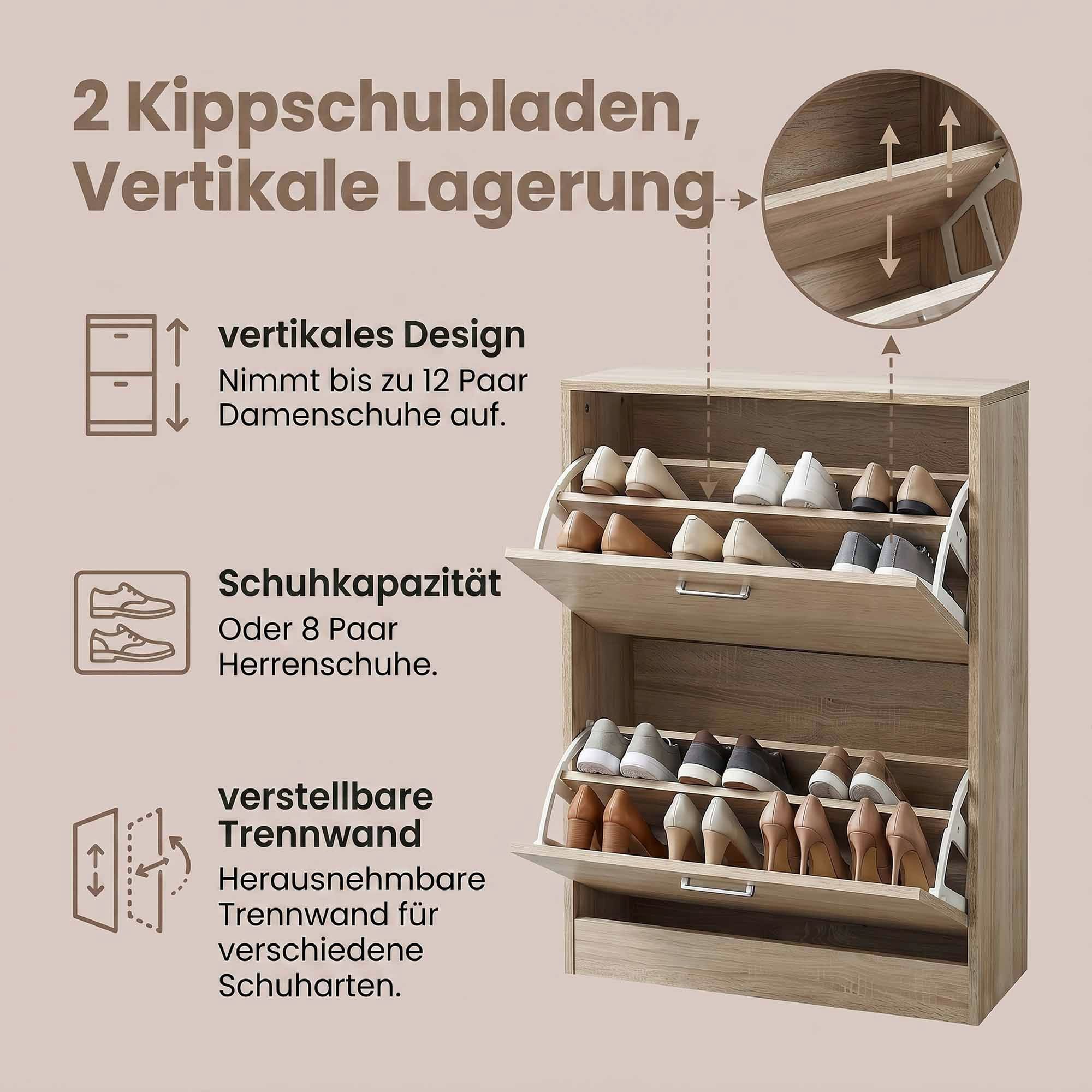 Schuhschrank, Schuhkipper mit 2 Klappen, verstellbare Trennwände