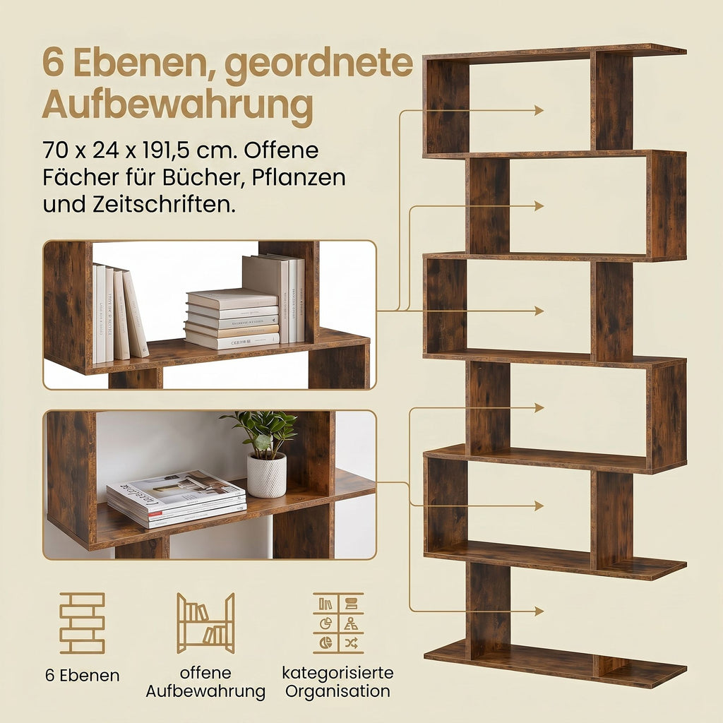 VASAGLE Bookshelves, 6-Tier Bookcase, Room Divider