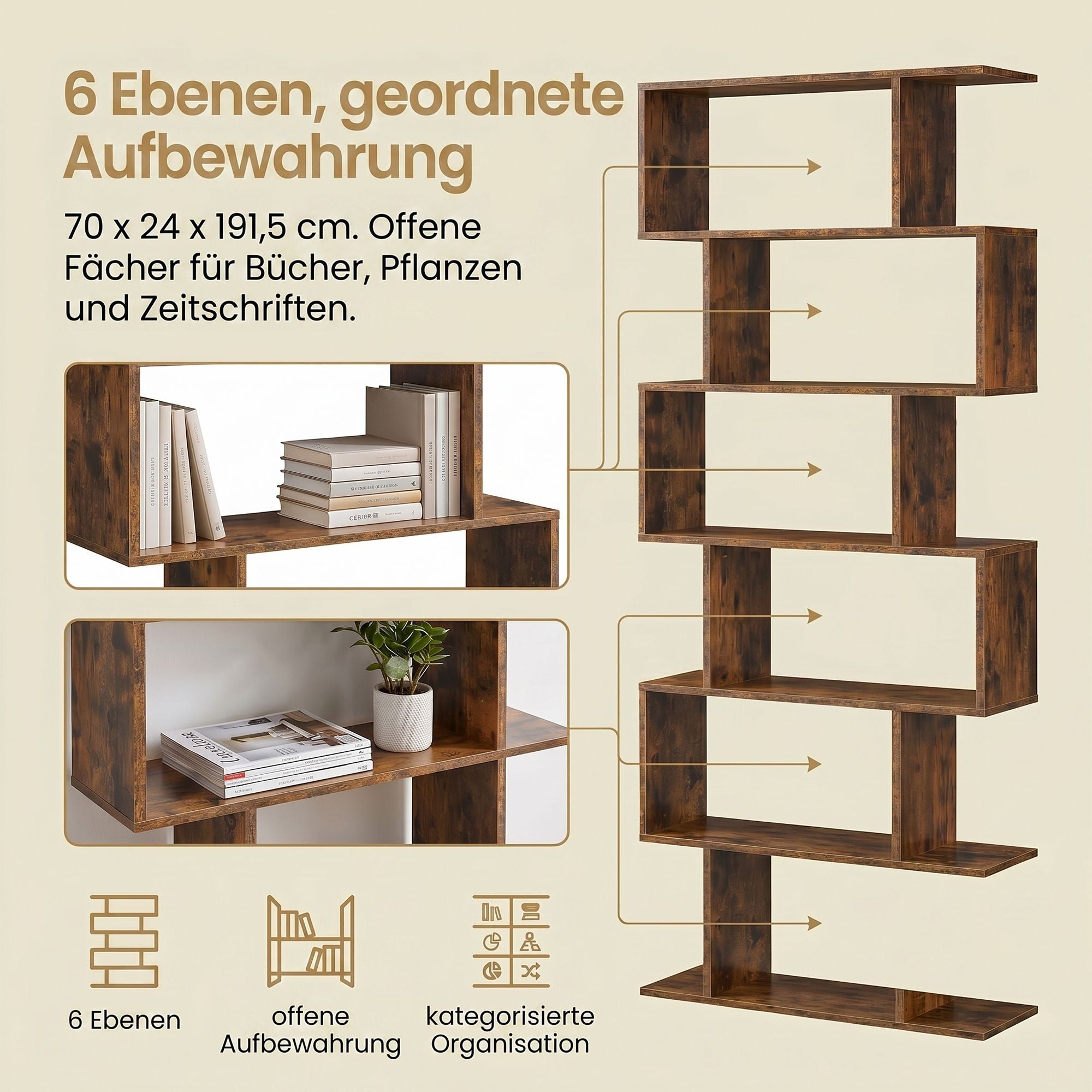 VASAGLE Bookshelves, 6-Tier Bookcase, Room Divider