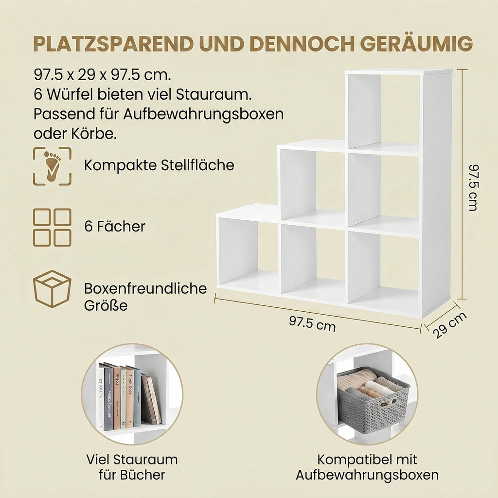 Bücherregal mit 6 Fächern, Regal offen, Stufenregal