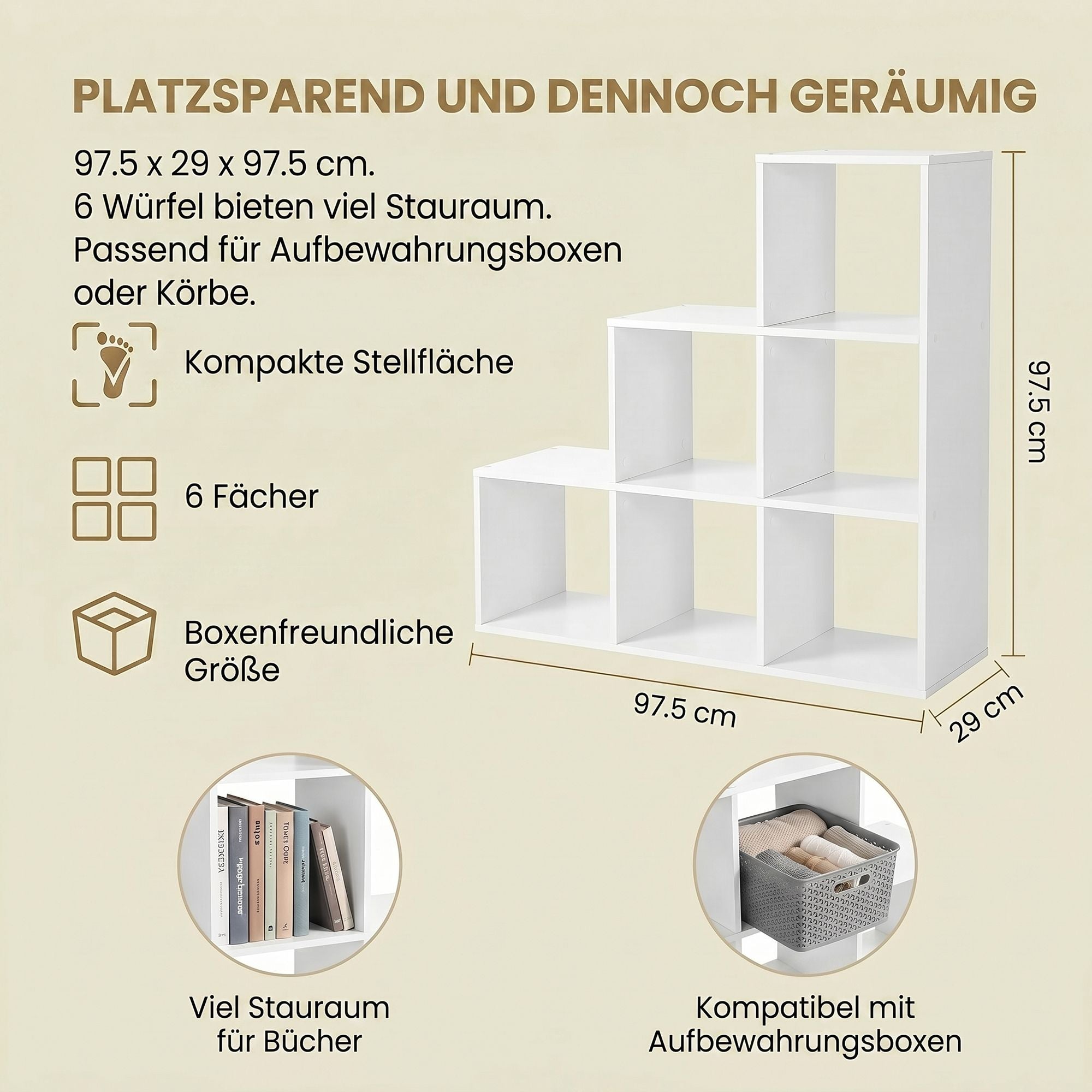 Bücherregal mit 6 Fächern, Regal offen, Stufenregal